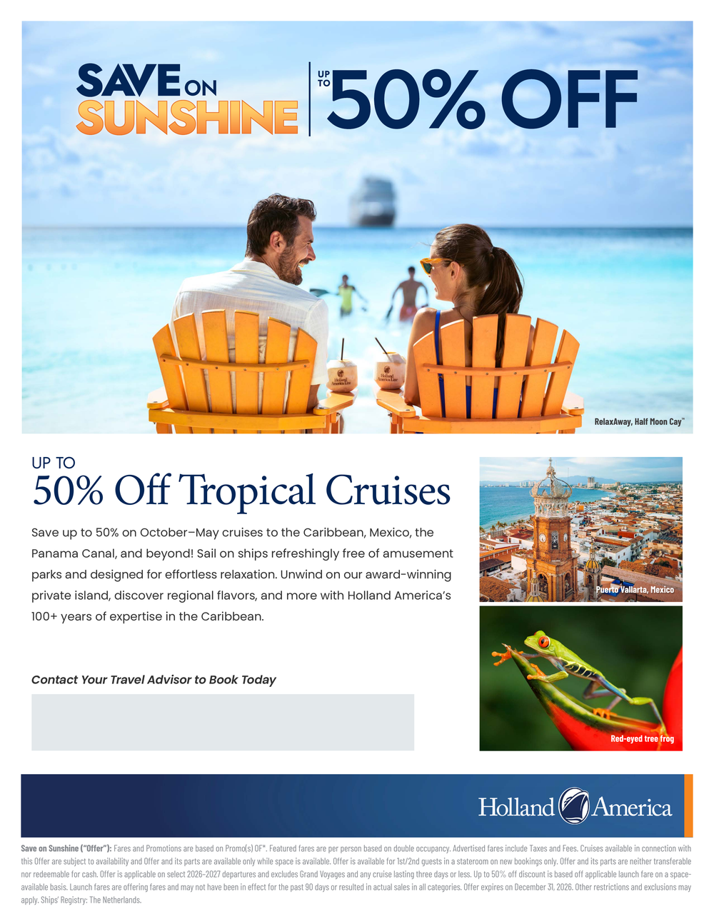 Holland America Save on Sunshine promotion — up to 50% off tropical cruises through December 31, 2026