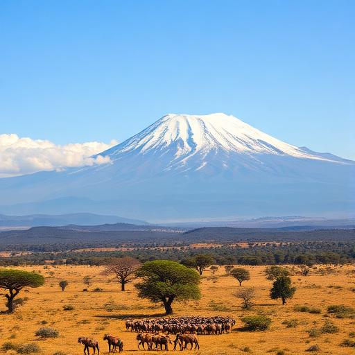 Tanzania Serengeti safari landscape with acacia trees, elephants, and golden savanna at sunset