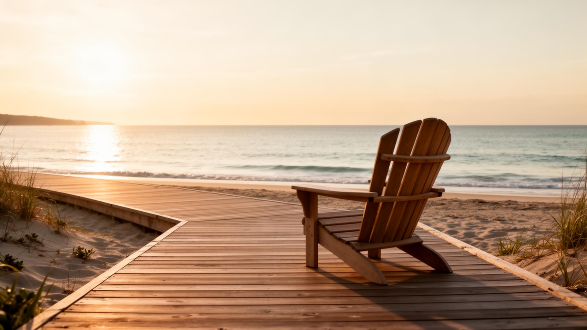 Peaceful coastal boardwalk wellness retreat at sunset